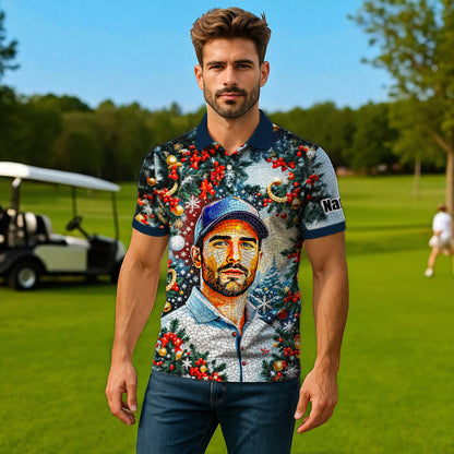 Personalized Christmas Golf Polo Shirt with Your Face – Custom Photo Holiday Shirt – Unique Mosaic Art Xmas Gift for Men, Custom Golf Apparel Style 9