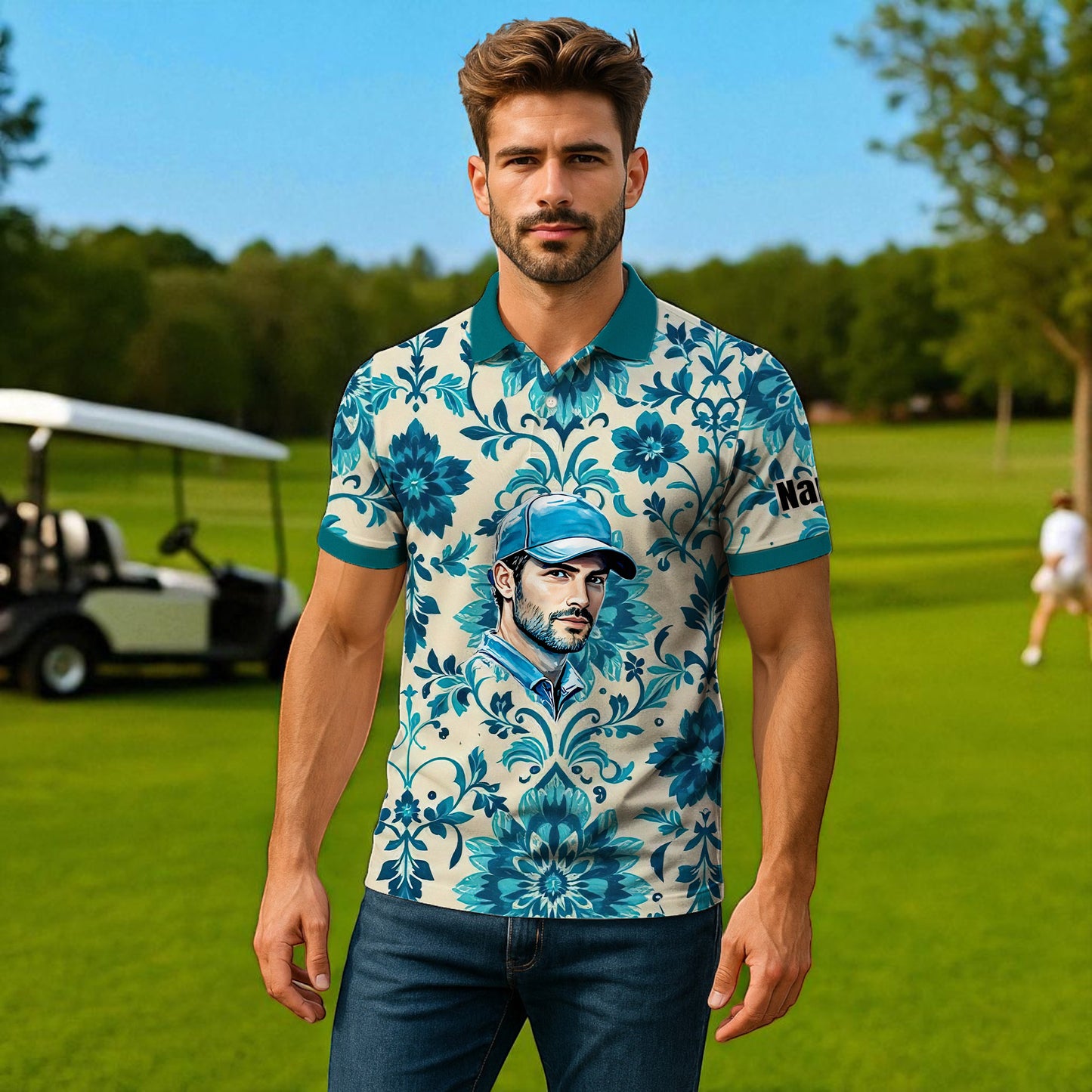 Custom Retro Pattern Art Polo Shirt – Personalized Face & Name | Vintage Floral Pattern Collared Shirt for Men Style 2