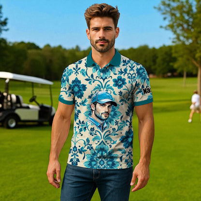 Custom Retro Pattern Art Polo Shirt – Personalized Face & Name | Vintage Floral Pattern Collared Shirt for Men Style 2