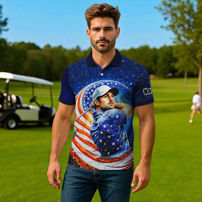 Custom Face Patriotic Golf Polo Shirt – Personalized USA Flag Design – American Pride Gift for Him – Mosaic Art Golf Shirt Style 11