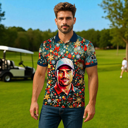 Personalized Christmas Golf Polo Shirt with Your Face – Custom Photo Holiday Shirt – Unique Mosaic Art Xmas Gift for Men, Custom Golf Apparel Style 8