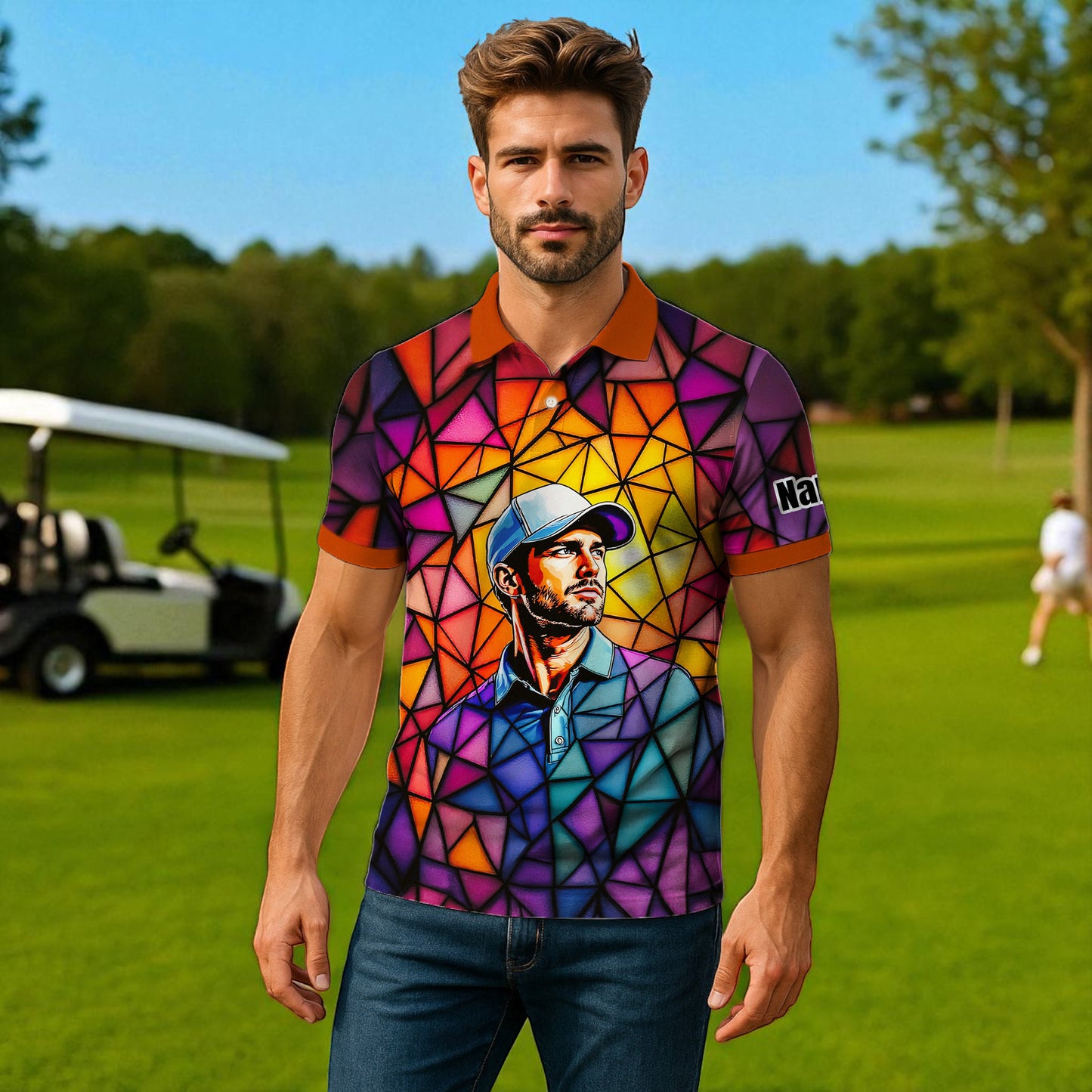 HomyGifts Men's Customized Face Artistic Golf Polo Shirt, Angular Geometric Glass Pattern, Stained-Glass Mosaic Print, Personalized Sublimation Golf Shirt, Vibrant Geometric Portrait Tee