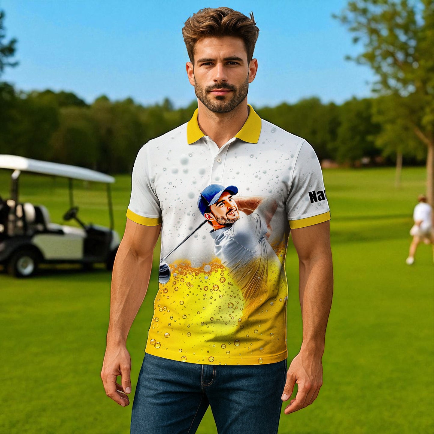 HomyGifts Men's Customized Face Artistic Golf Polo Shirt, Beer pattern Design, Special Gift for Beer & Golf Lovers, Summer Party Outfit, Unique Gift for Men Style 10