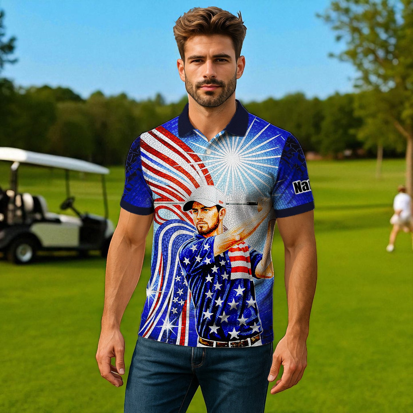 Custom Face Patriotic Golf Polo Shirt – Personalized USA Flag Design – American Pride Gift for Him – Mosaic Art Golf Shirt Style 5