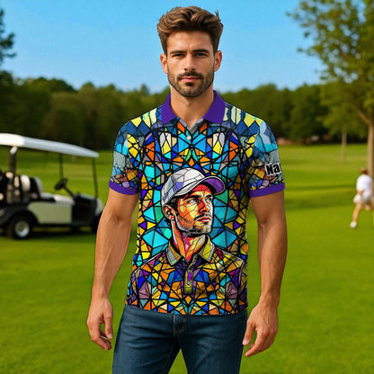 Custom Face Golf Polo Shirt – Personalized Stained Glass Art Shirt, Unique Golf Gift for Him, Colorful Abstract Golf Polo, Custom Sportswear