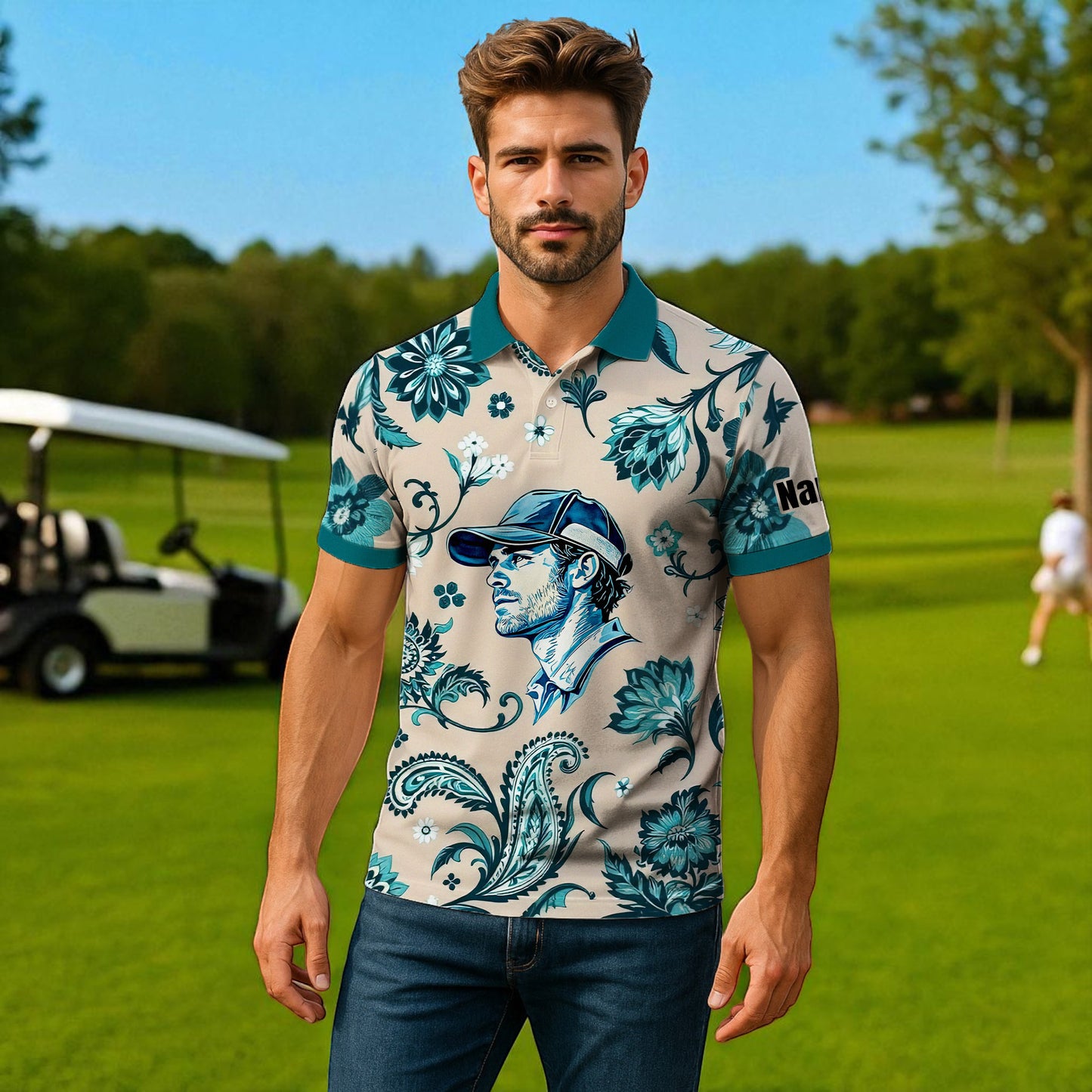 Custom Retro Pattern Art Polo Shirt – Personalized Face & Name | Vintage Floral Pattern Collared Shirt for Men Style 1