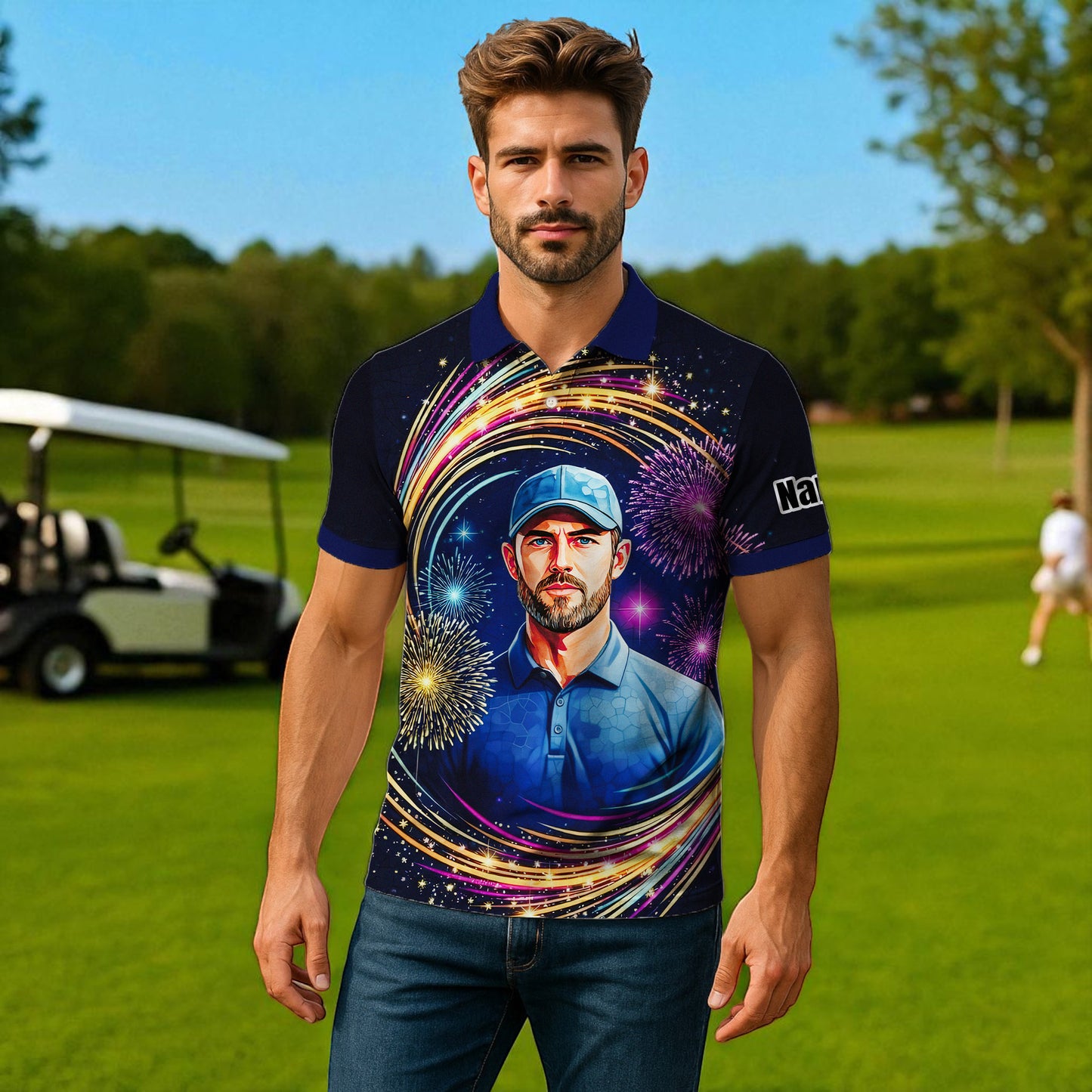 Custom Face Golf Polo Shirt – New Year Fireworks Edition | Personalized Golf Polo | Unique Holiday Gift for Him 2025 Style 1