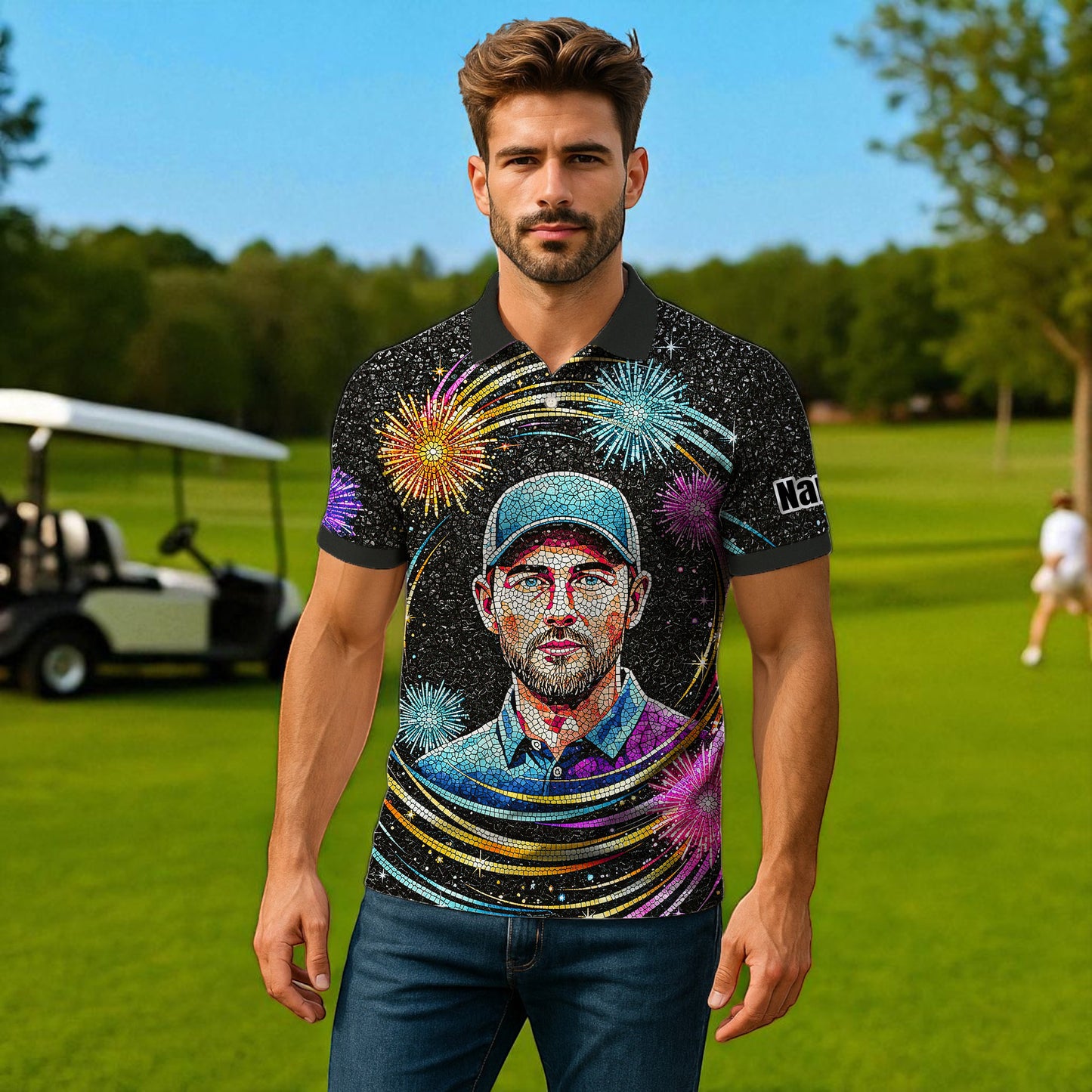 Custom Face Golf Polo Shirt – New Year Fireworks Edition | Personalized Golf Polo | Unique Holiday Gift for Him 2025 Style 5