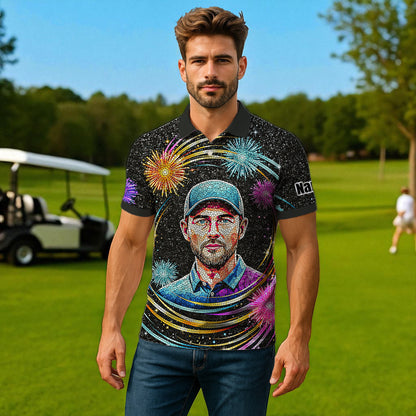 Custom Face Golf Polo Shirt – New Year Fireworks Edition | Personalized Golf Polo | Unique Holiday Gift for Him 2025 Style 5