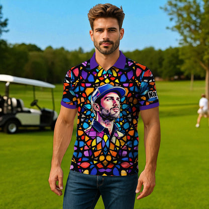 Custom Face Golf Polo Shirt – Personalized Stained Glass Art Shirt, Unique Golf Gift for Him, Colorful Abstract Golf Polo, Custom Sportswear