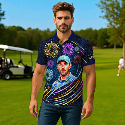Custom Face Golf Polo Shirt – New Year Fireworks Edition | Personalized Golf Polo | Unique Holiday Gift for Him 2025 Style 4