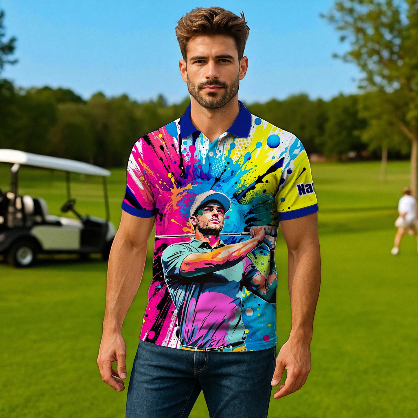 HomyGifts Men's Customized Face Artistic Golf Polo Shirt, Personalized Pop Art Golf Polo, Portrait Gift for Golfers Style 19