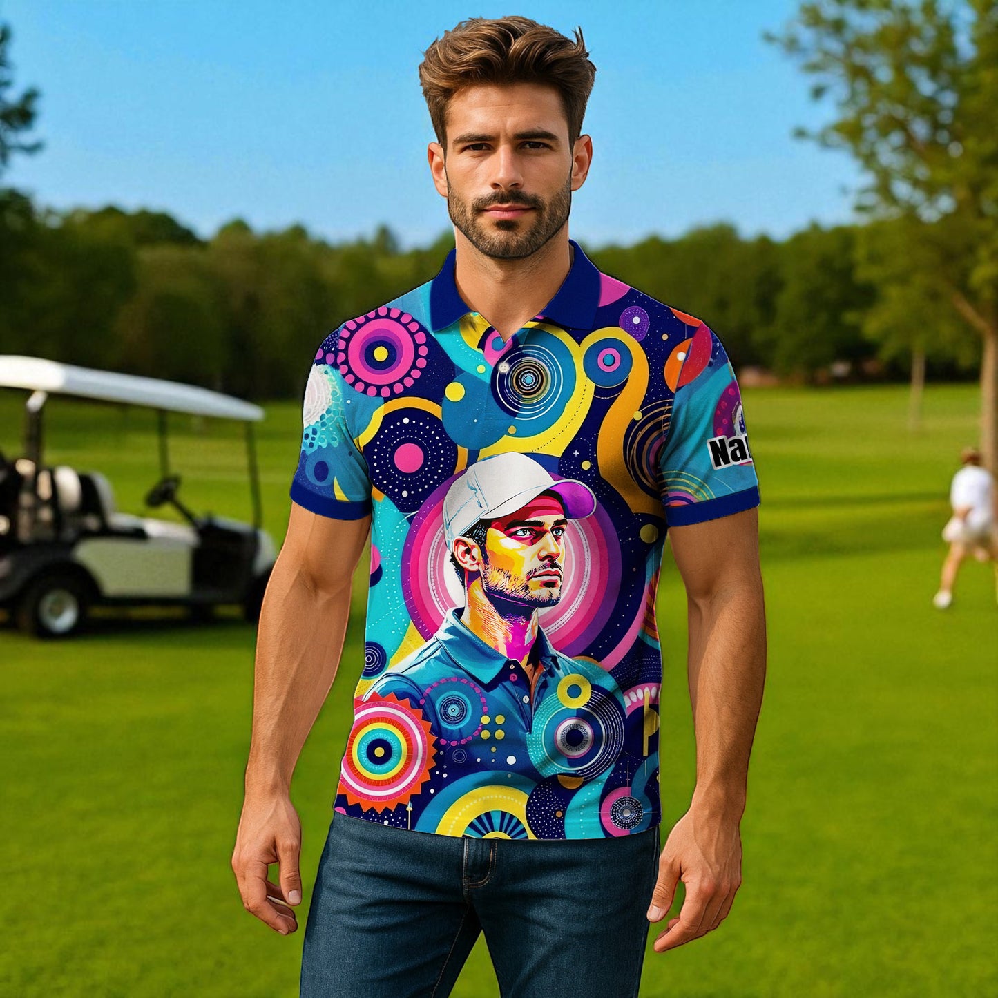 HomyGifts Custom Face Polo Shirt – Personalized Abstract Geometric Art Photo Shirt, Unique Gift for Him & Her