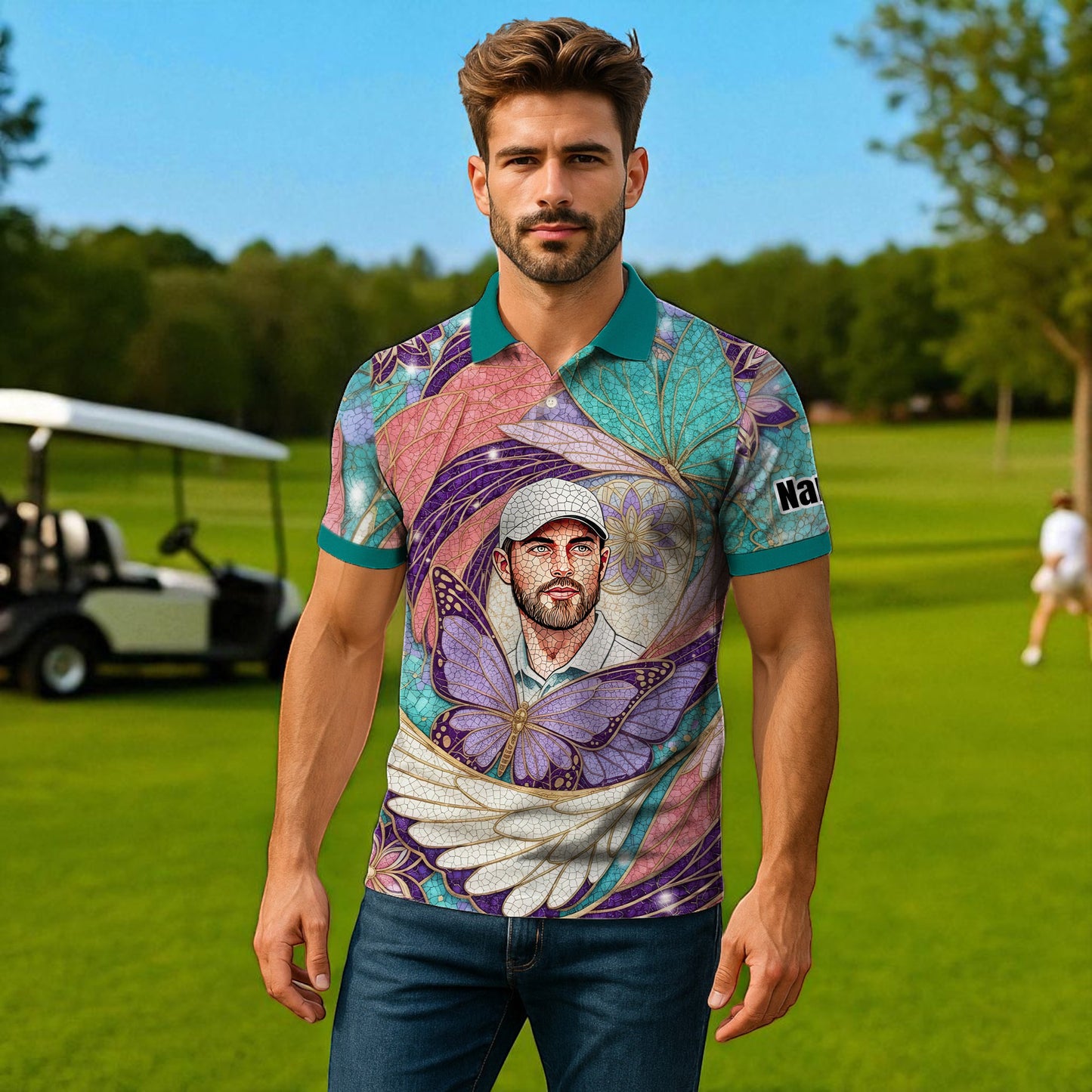 Custom Face Butterfly Golf Polo Shirt – Personalized Spring Mirage Art Style – Unique Gift for Him, Nature Inspired Men's Shirt Style 1