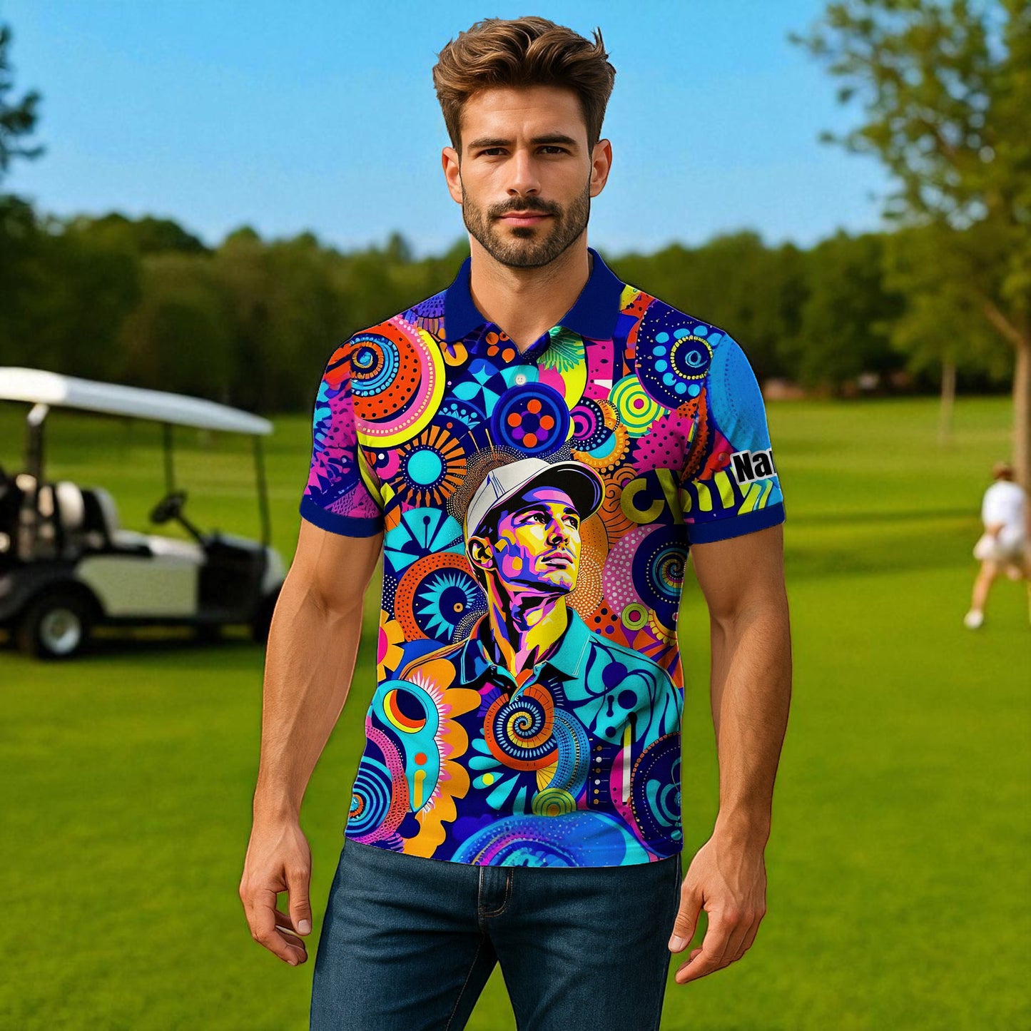 HomyGifts Custom Face Polo Shirt – Personalized Abstract Geometric Art Photo Shirt, Unique Gift for Him & Her