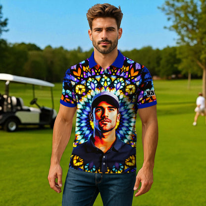 Custom Face Golf Polo Shirt – Personalized Stained Glass Mandala Style Polo, Unique Gift for Men & Women, Vibrant Artistic Golf Shirt, Custom Photo Polo