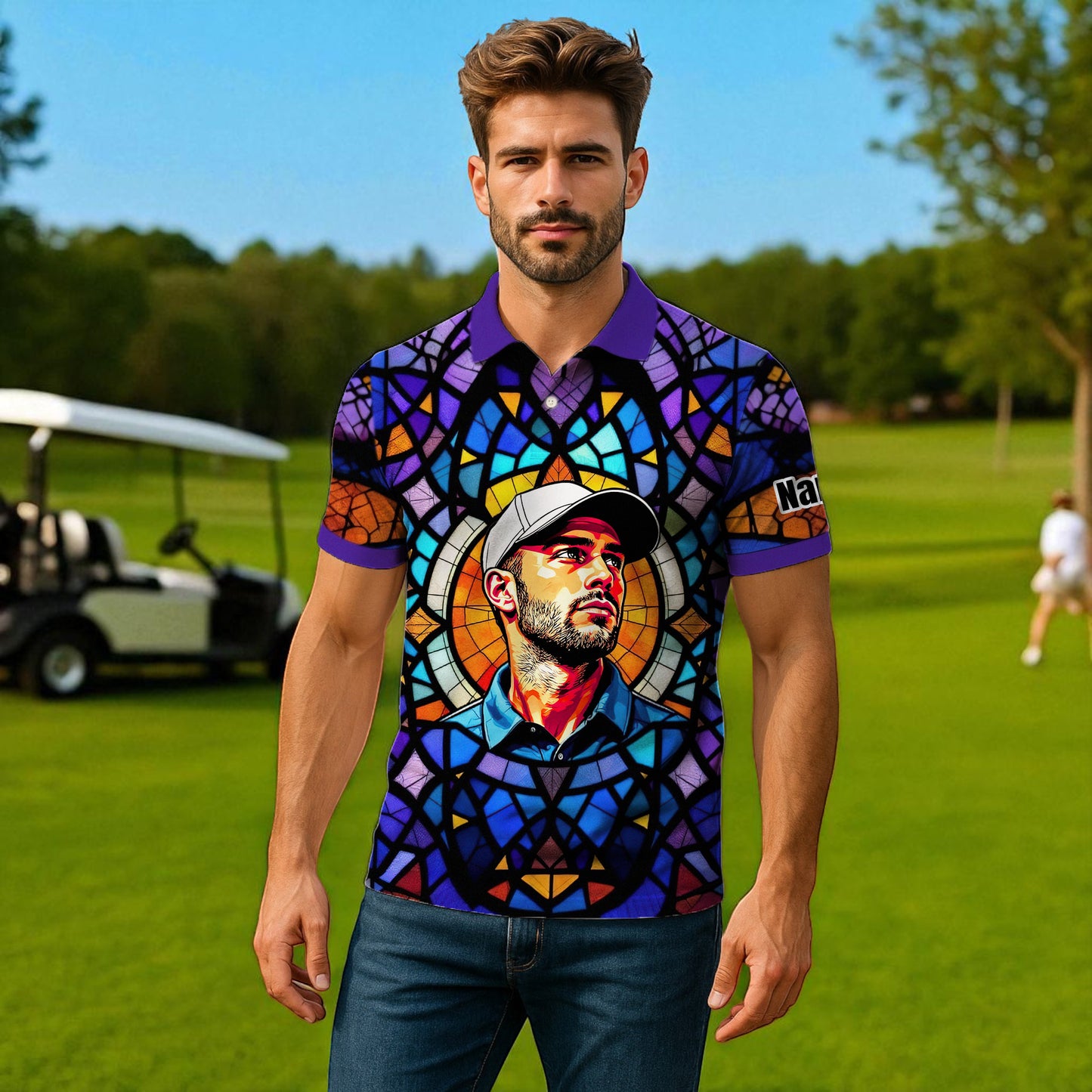 Custom Face Golf Polo Shirt – Personalized Stained Glass Art Shirt, Unique Golf Gift for Him, Colorful Abstract Golf Polo, Custom Sportswear