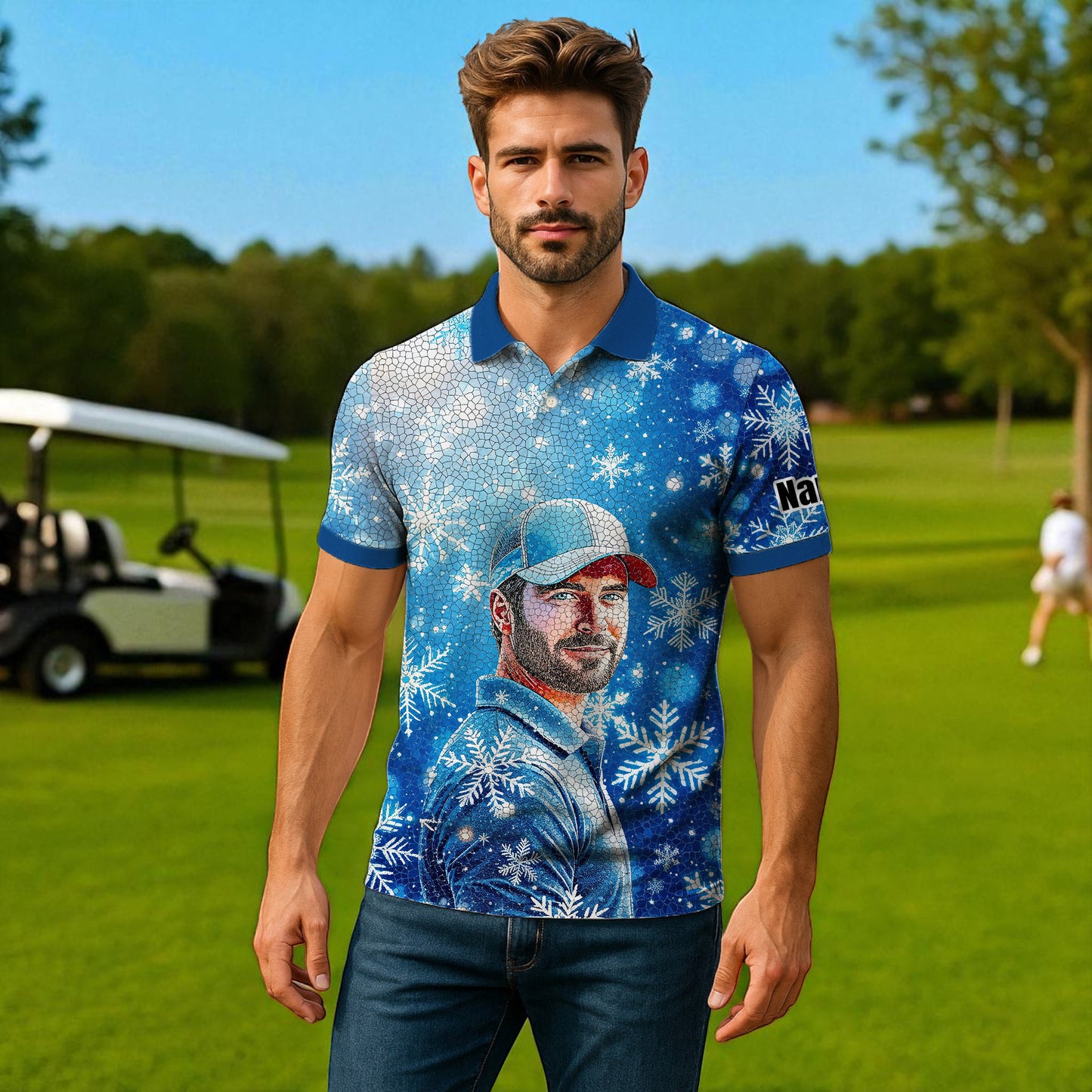 Custom Face Golf Polo Shirt – Personalized Christmas Golf Shirt for Him, Unique Holiday Gift for Golfer, Snowflake Design Golf Apparel Style 8