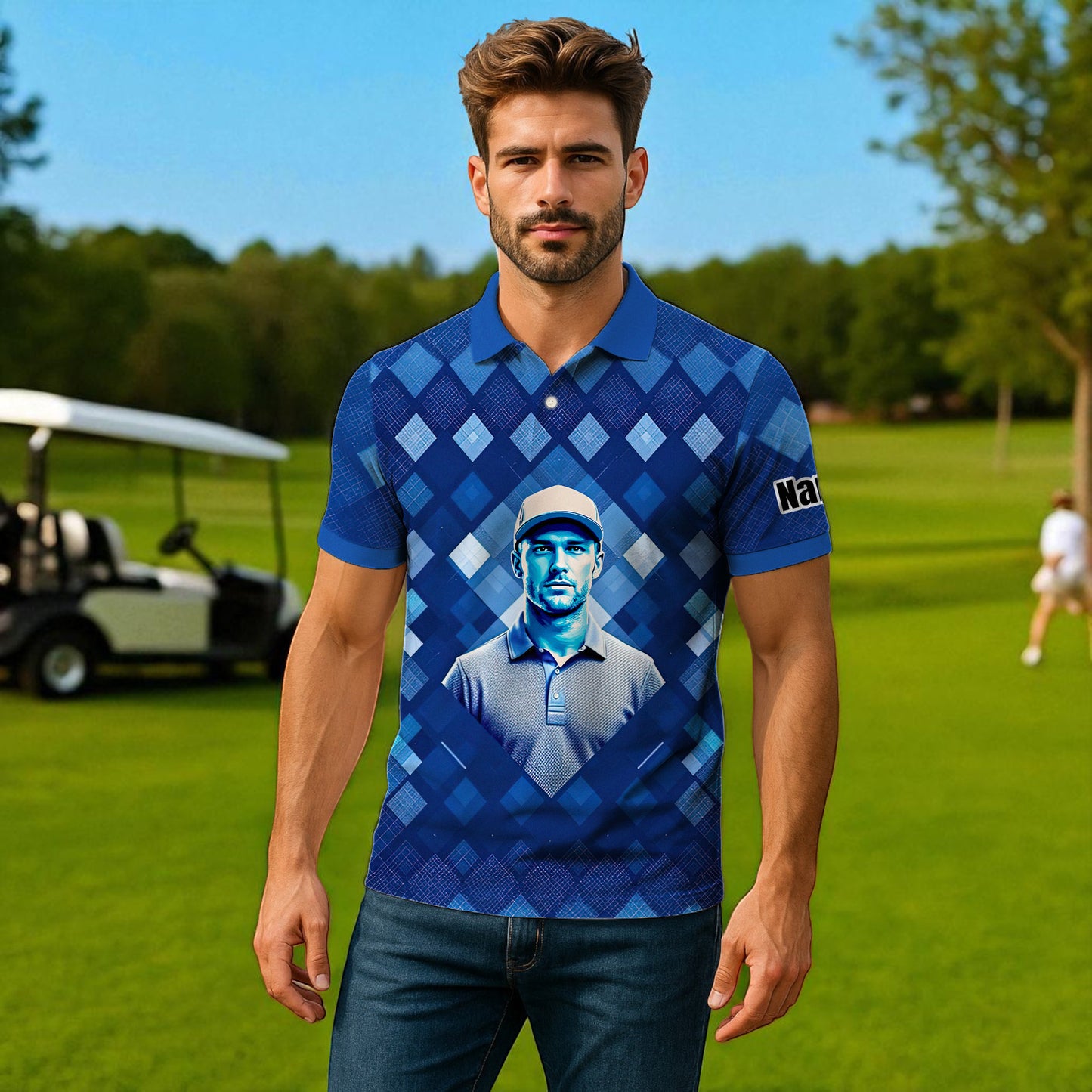 Custom Face Polo Shirt – Geometric Diamond Pattern | Personalized Photo Golf Polo | Unique Gift for Him, Retro Geometric Style Shirt Style 2