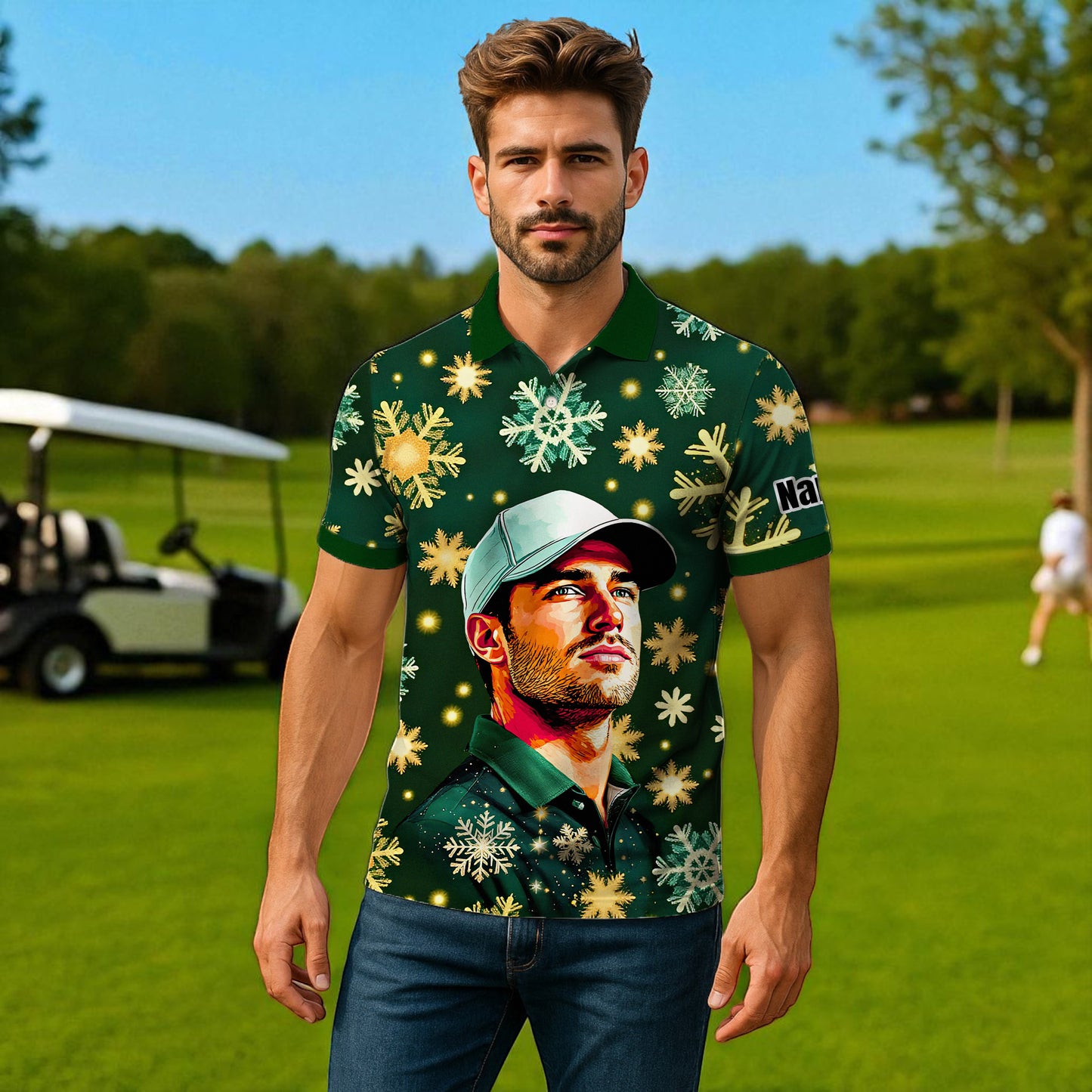 Custom Face Golf Polo Shirt – Personalized Christmas Golf Shirt for Him, Unique Holiday Gift for Golfer, Snowflake Design Golf Apparel Style 19