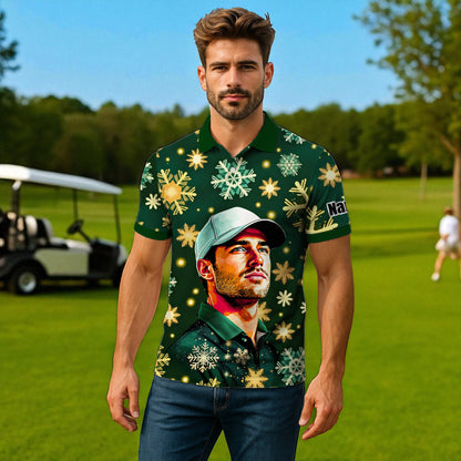 Custom Face Golf Polo Shirt – Personalized Christmas Golf Shirt for Him, Unique Holiday Gift for Golfer, Snowflake Design Golf Apparel Style 19