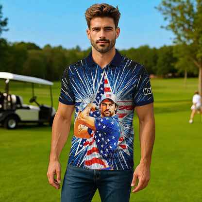 Custom Face Patriotic Golf Polo Shirt – Personalized USA Flag Design – American Pride Gift for Him – Mosaic Art Golf Shirt Style 4
