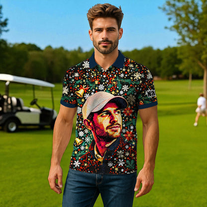 Personalized Christmas Golf Polo Shirt with Your Face – Custom Photo Holiday Shirt – Unique Mosaic Art Xmas Gift for Men, Custom Golf Apparel Style 6
