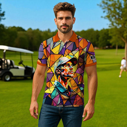 Angular Geometric Glass Pattern Custom Face Polo — Stained-Glass Mosaic Print, Personalized Sublimation Golf Shirt, Vibrant Geometric Portrait Tee