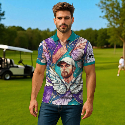 Custom Face Butterfly Golf Polo Shirt – Personalized Spring Mirage Art Style – Unique Gift for Him, Nature Inspired Men's Shirt Style 3