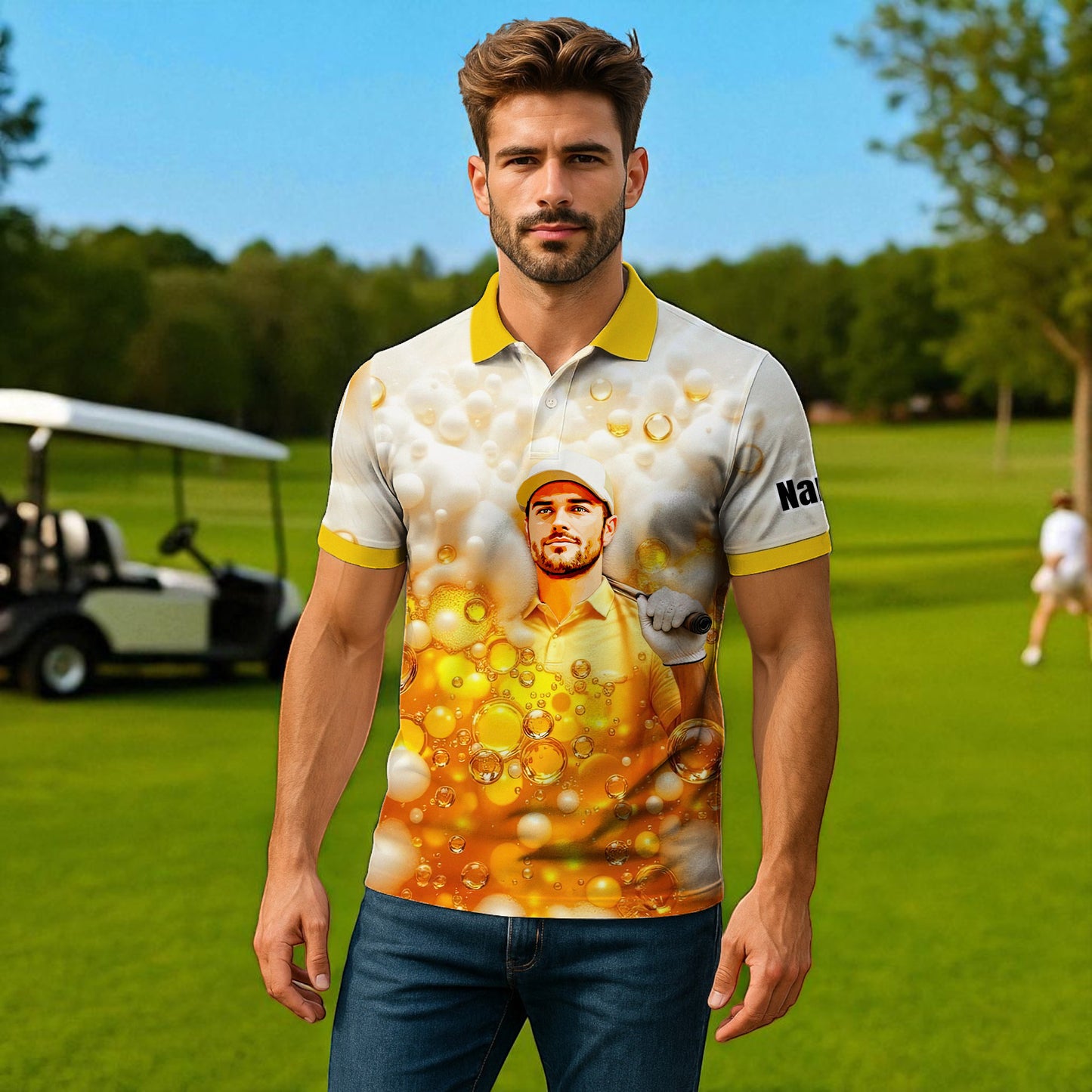 HomyGifts Men's Customized Face Artistic Golf Polo Shirt, Beer pattern Design, Special Gift for Beer & Golf Lovers, Summer Party Outfit, Unique Gift for Men Style 8
