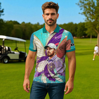 Custom Face Butterfly Golf Polo Shirt – Personalized Spring Mirage Art Style – Unique Gift for Him, Nature Inspired Men's Shirt Style 2