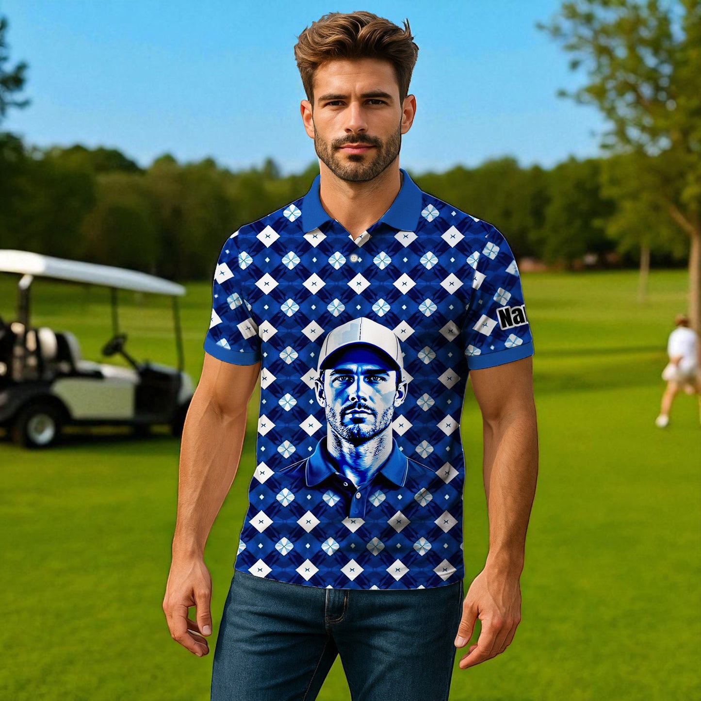 Custom Face Polo Shirt – Geometric Diamond Pattern | Personalized Photo Golf Polo | Unique Gift for Him, Retro Geometric Style Shirt Style 7