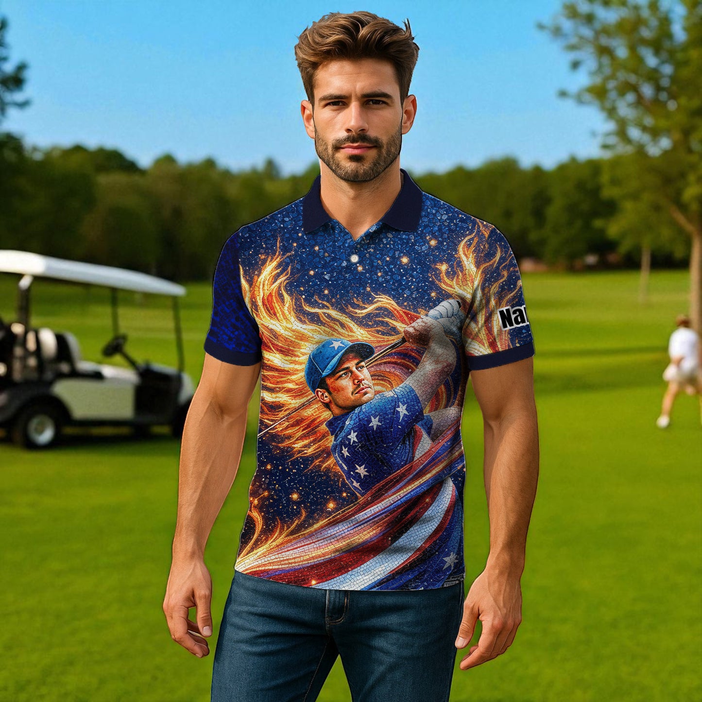 Custom Face Patriotic Golf Polo Shirt – Personalized USA Flag Design – American Pride Gift for Him – Mosaic Art Golf Shirt Style 9