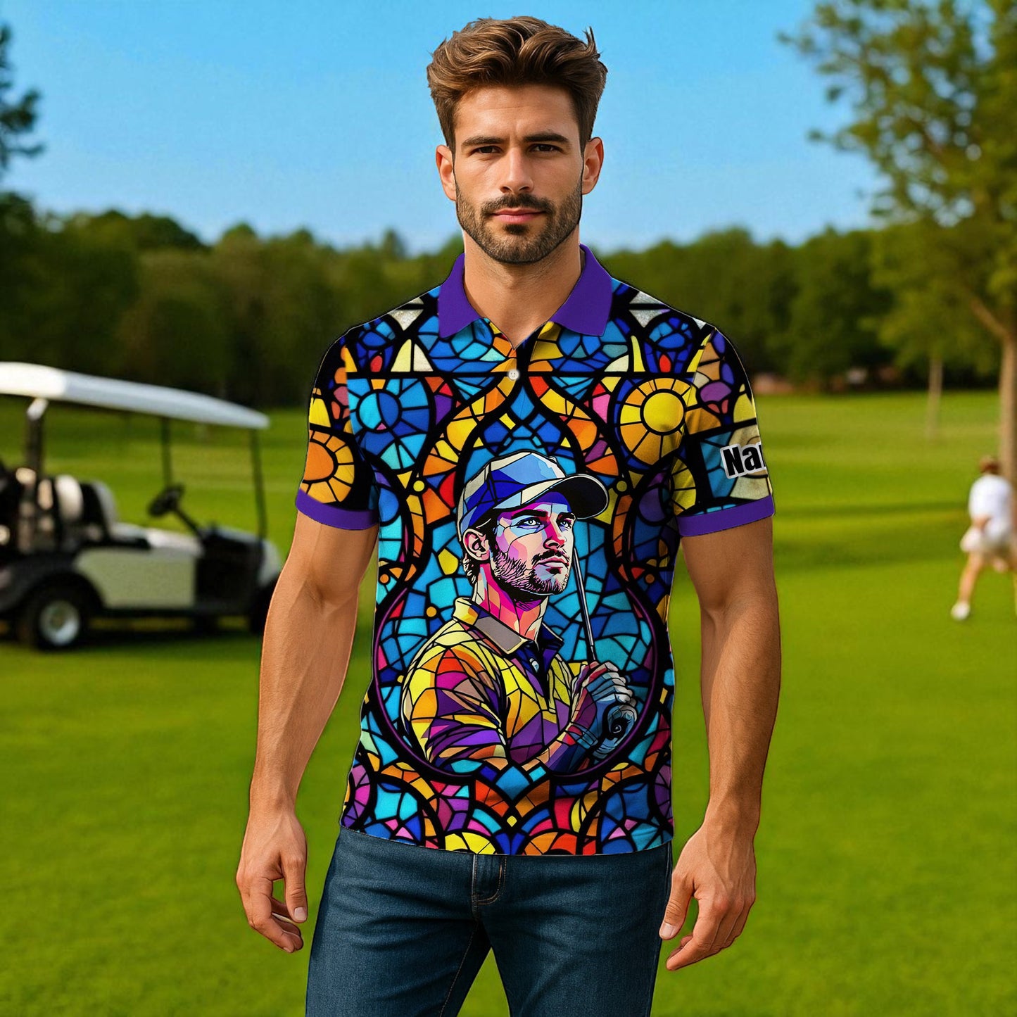 Custom Face Golf Polo Shirt – Personalized Stained Glass Art Shirt, Unique Golf Gift for Him, Colorful Abstract Golf Polo, Custom Sportswear