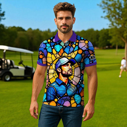 Custom Face Golf Polo Shirt – Personalized Stained Glass Art Shirt, Unique Golf Gift for Him, Colorful Abstract Golf Polo, Custom Sportswear