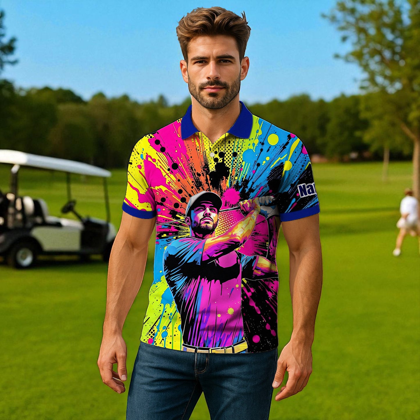 HomyGifts Men's Customized Face Artistic Golf Polo Shirt, Personalized Pop Art Golf Polo, Portrait Gift for Golfers Style 20