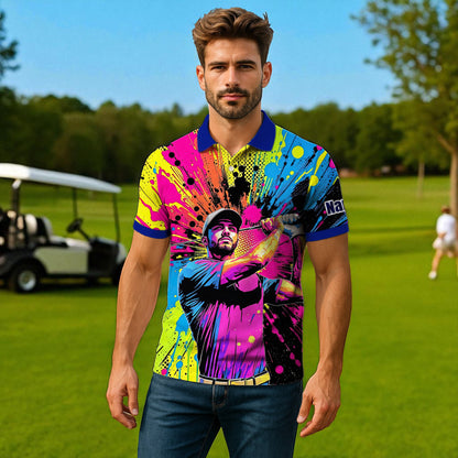 HomyGifts Men's Customized Face Artistic Golf Polo Shirt, Personalized Pop Art Golf Polo, Portrait Gift for Golfers Style 20