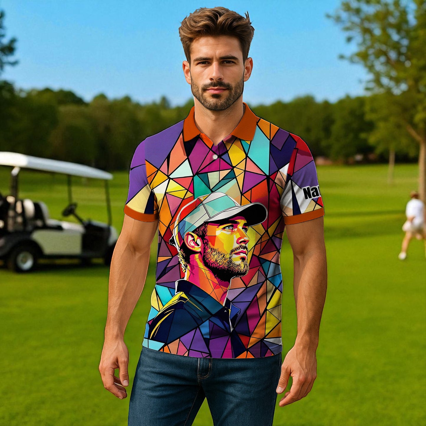 HomyGifts Men's Customized Face Artistic Golf Polo Shirt, Angular Geometric Glass Pattern, Stained-Glass Mosaic Print, Personalized Sublimation Golf Shirt, Vibrant Geometric Portrait Tee