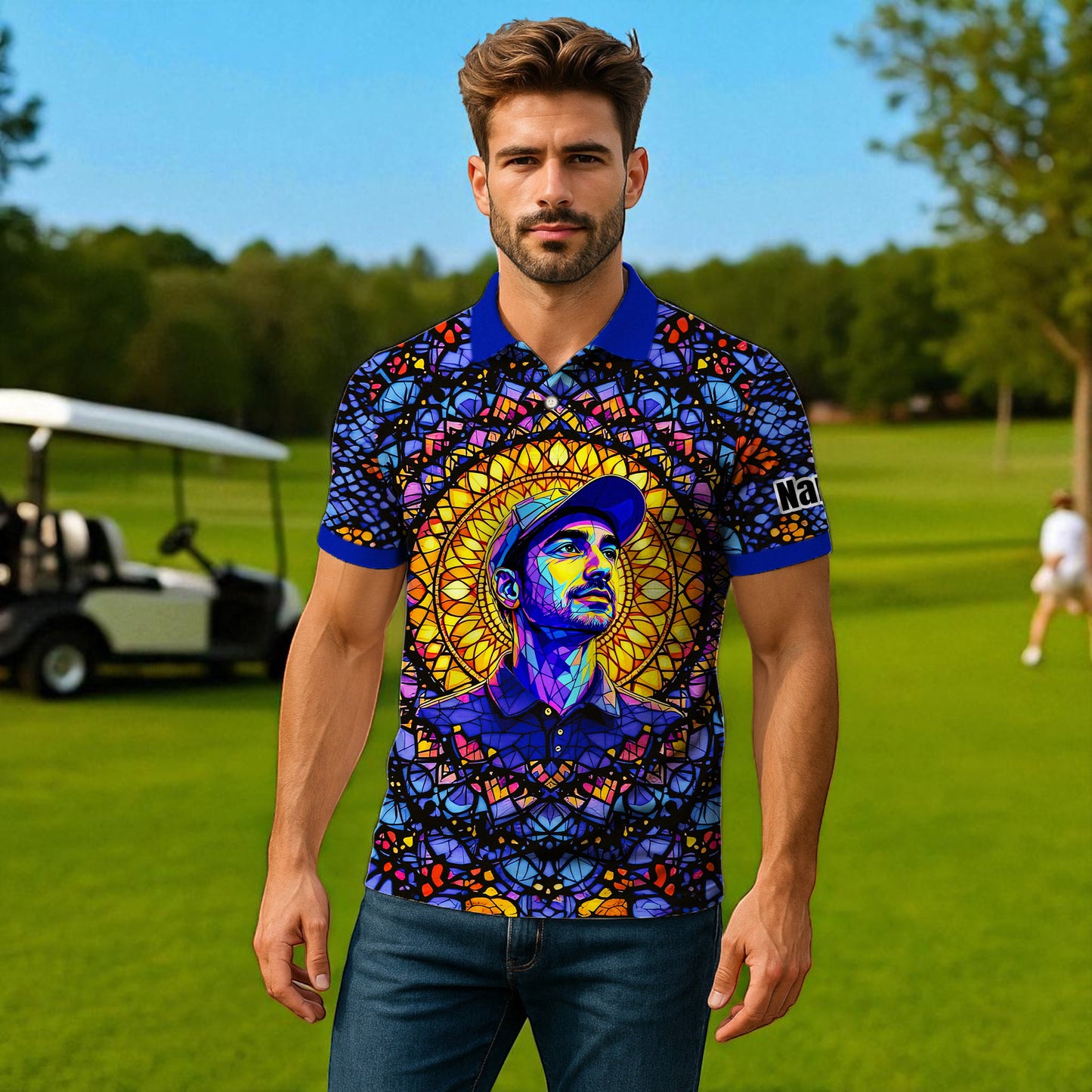 Custom Face Golf Polo Shirt – Personalized Stained Glass Mandala Style Polo, Unique Gift for Men & Women, Vibrant Artistic Golf Shirt, Custom Photo Polo