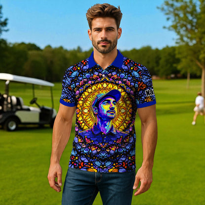 Custom Face Golf Polo Shirt – Personalized Stained Glass Mandala Style Polo, Unique Gift for Men & Women, Vibrant Artistic Golf Shirt, Custom Photo Polo