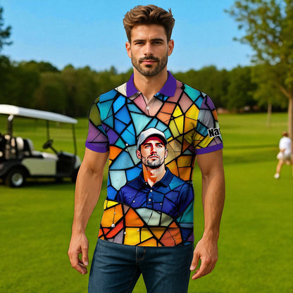 Custom Face Golf Polo Shirt – Personalized Stained Glass Art Shirt, Unique Golf Gift for Him, Colorful Abstract Golf Polo, Custom Sportswear