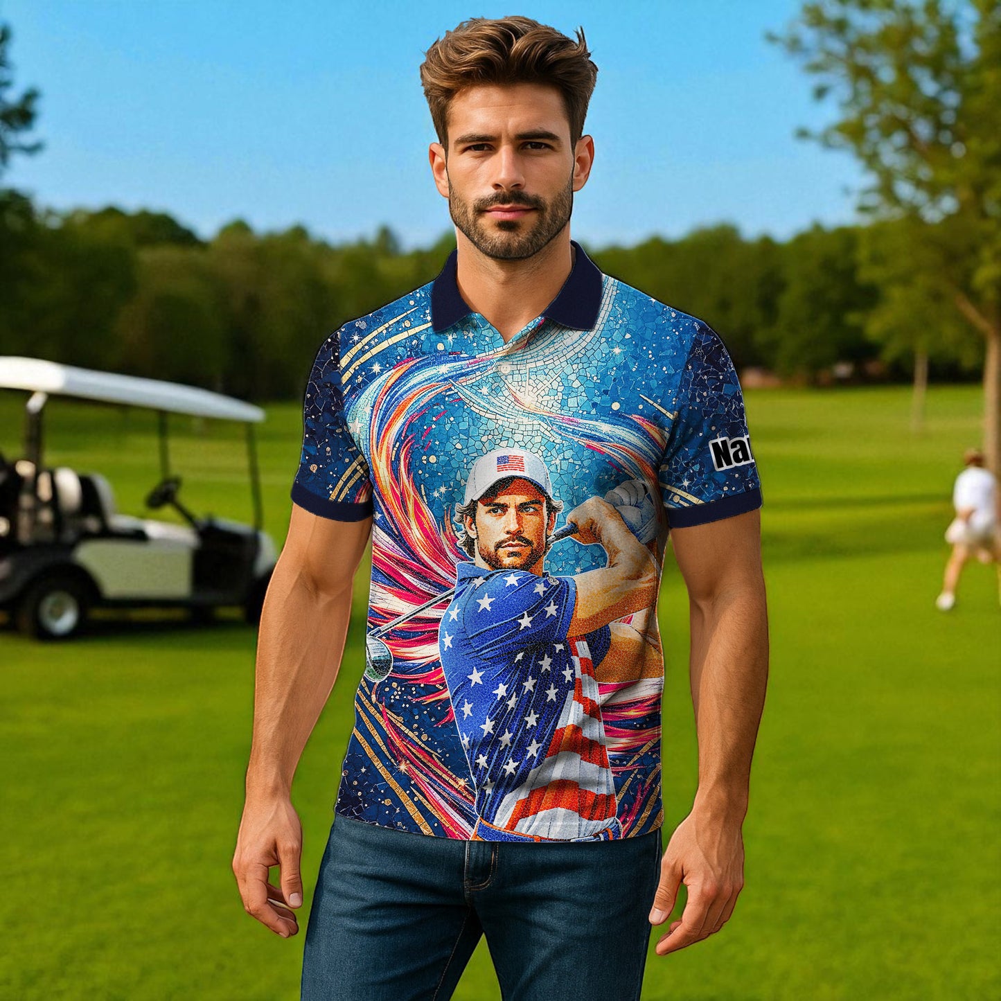 Custom Face Patriotic Golf Polo Shirt – Personalized USA Flag Design – American Pride Gift for Him – Mosaic Art Golf Shirt Style 8