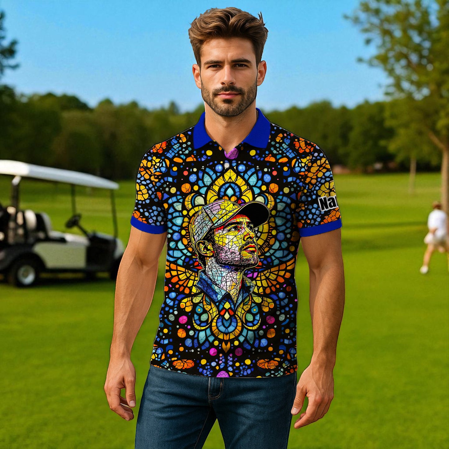 Custom Face Golf Polo Shirt – Personalized Stained Glass Mandala Style Polo, Unique Gift for Men & Women, Vibrant Artistic Golf Shirt, Custom Photo Polo