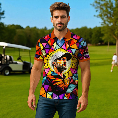HomyGifts Men's Customized Face Artistic Golf Polo Shirt, Angular Geometric Glass Pattern, Stained-Glass Mosaic Print, Personalized Sublimation Golf Shirt, Vibrant Geometric Portrait Tee