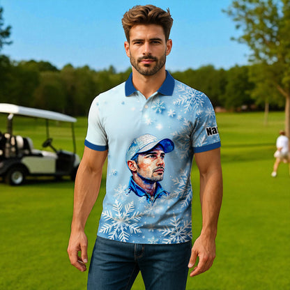 Custom Face Golf Polo Shirt – Personalized Christmas Golf Shirt for Him, Unique Holiday Gift for Golfer, Snowflake Design Golf Apparel Style 6