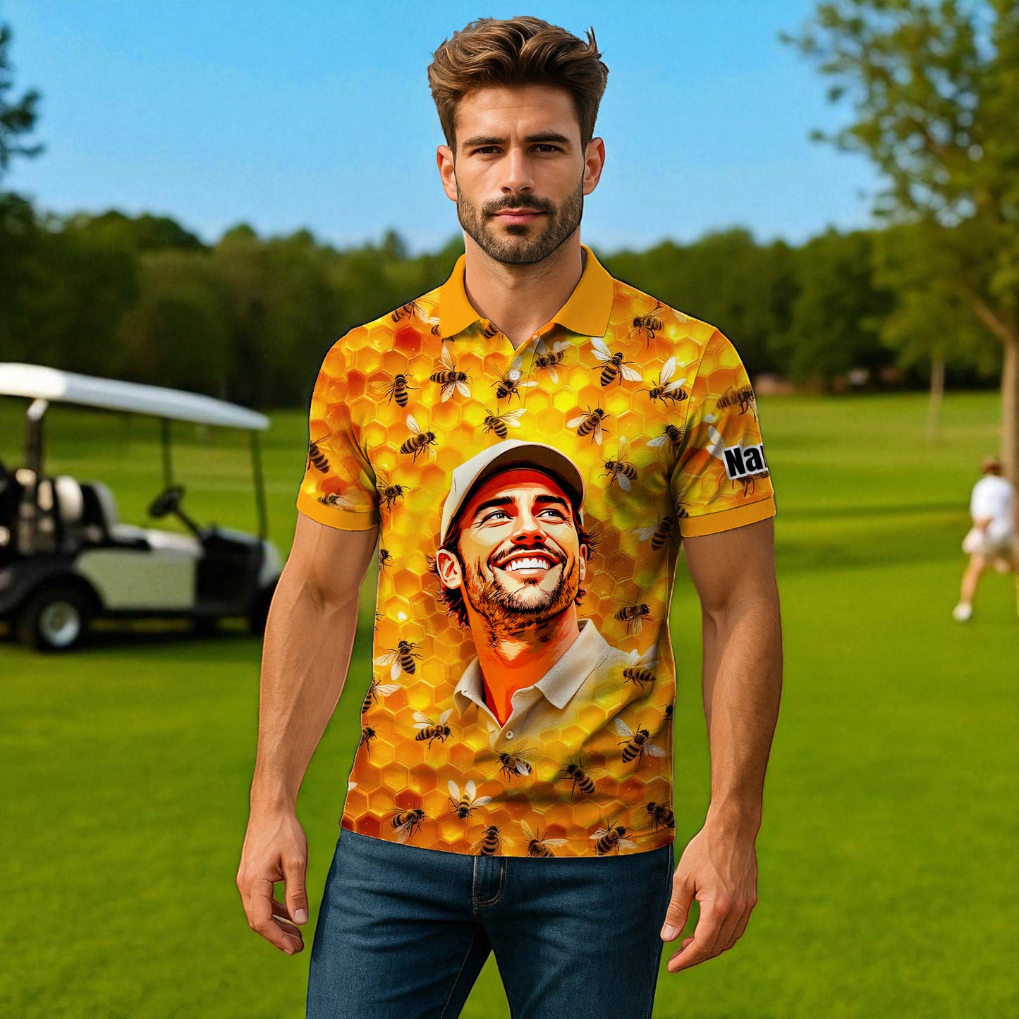 HomyGifts Men's Customized Face Artistic Golf Polo Shirt, Personalized Bee & Honeycomb Polo Shirt with Face, Funny Honey Lover Outfit, Summer Polo for Men Style 3