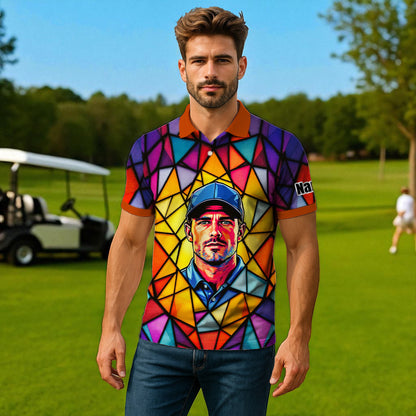 HomyGifts Men's Customized Face Artistic Golf Polo Shirt, Angular Geometric Glass Pattern, Stained-Glass Mosaic Print, Personalized Sublimation Golf Shirt, Vibrant Geometric Portrait Tee