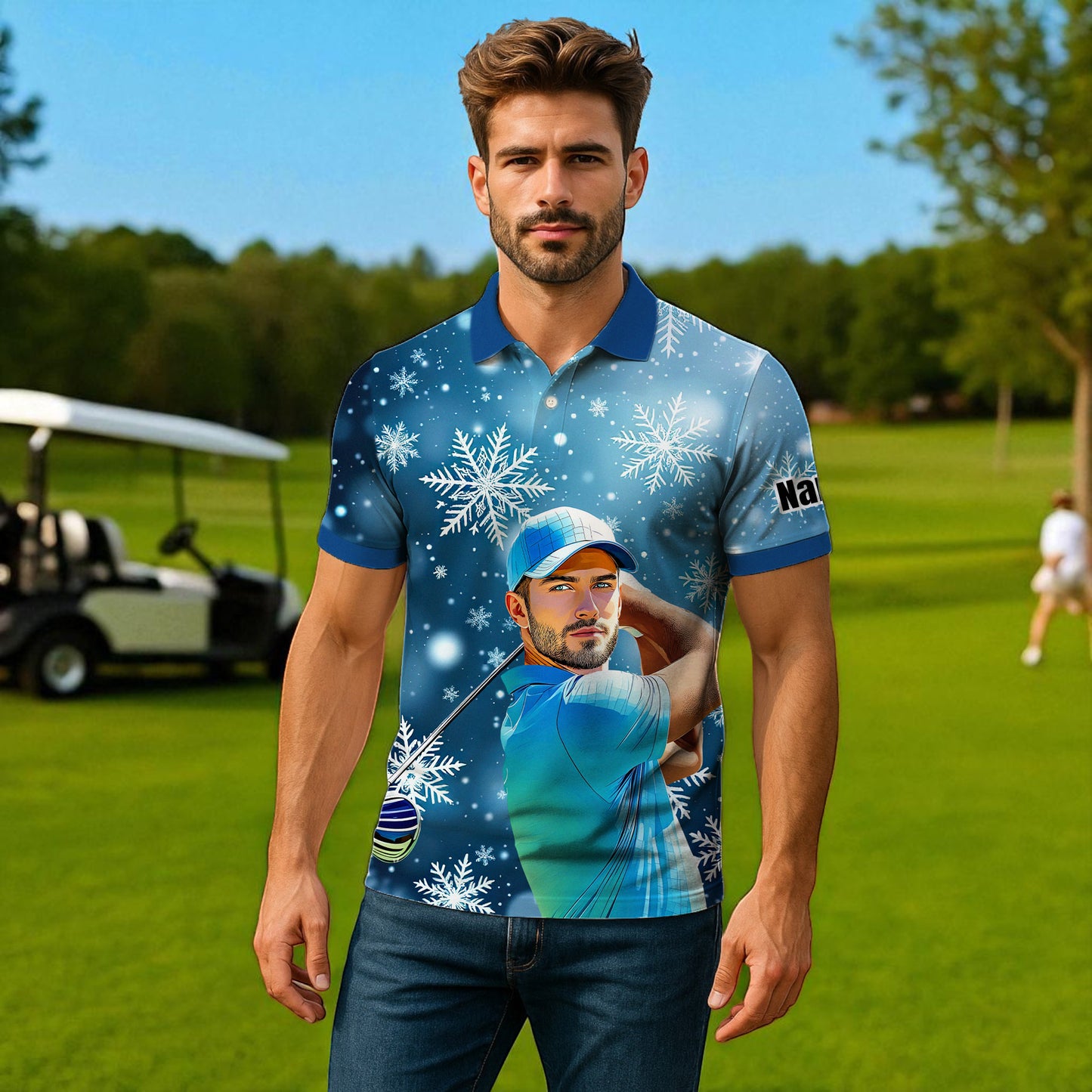 Custom Face Golf Polo Shirt – Personalized Christmas Golf Shirt for Him, Unique Holiday Gift for Golfer, Snowflake Design Golf Apparel Style 1