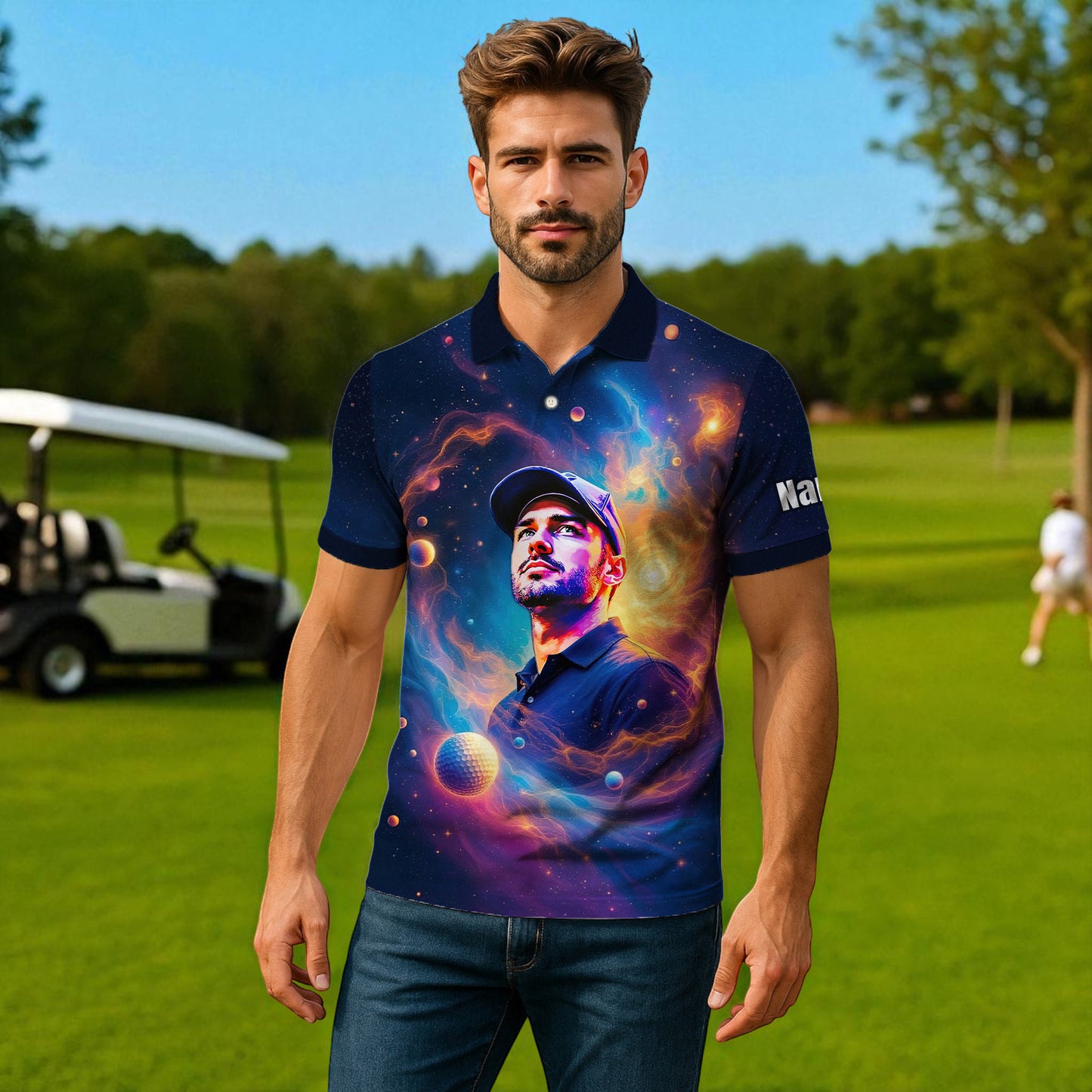 Custom Cosmic Portrait Polo Shirt – Personalized Surreal Galaxy Art with Your Face | Unique Gift for Golfers, Sports & Astrology Fans Style 5