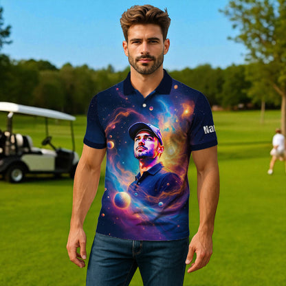 Custom Cosmic Portrait Polo Shirt – Personalized Surreal Galaxy Art with Your Face | Unique Gift for Golfers, Sports & Astrology Fans Style 5